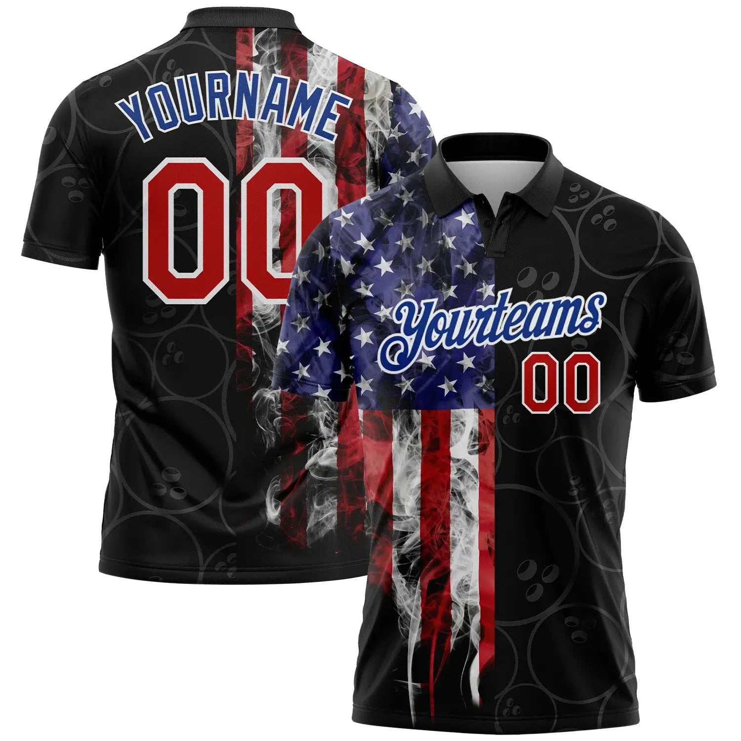 Custom Golf Polo Shirt Black Red Royal 3D Pattern Design Bowling Ball American Flag Performance Sublimation, Custom Logo, Men Women Unisex