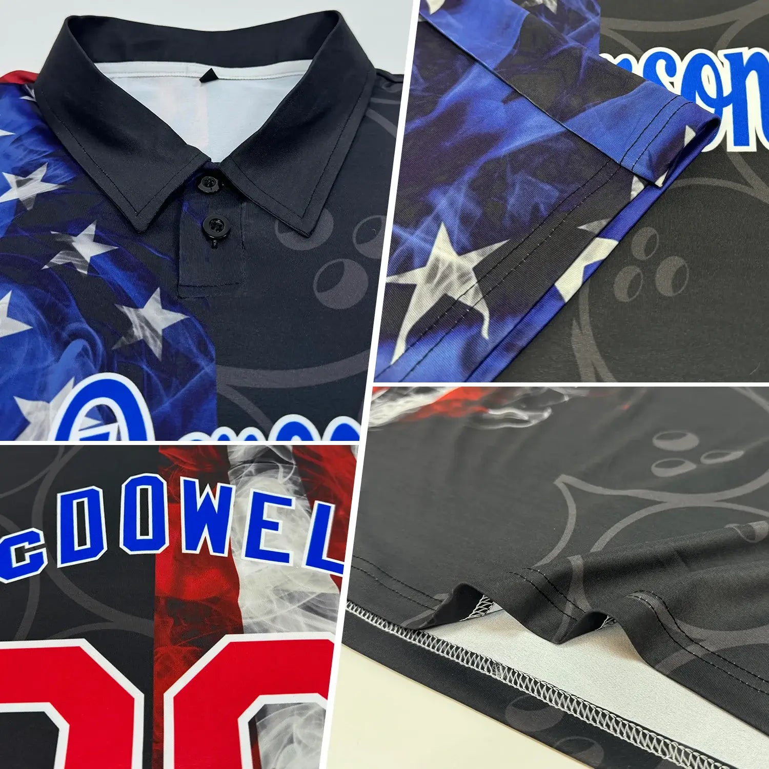 Custom Golf Polo Shirt Black Red Royal 3D Pattern Design Bowling Ball American Flag Performance Sublimation, Custom Logo, Men Women Unisex