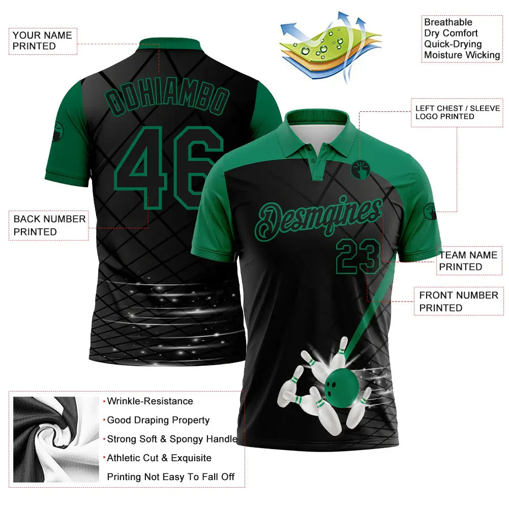 Custom Golf Polo Shirt Black Kelly Green 3D Pattern Design Bowling Performance Sublimation, Custom Logo, Men Women Unisex