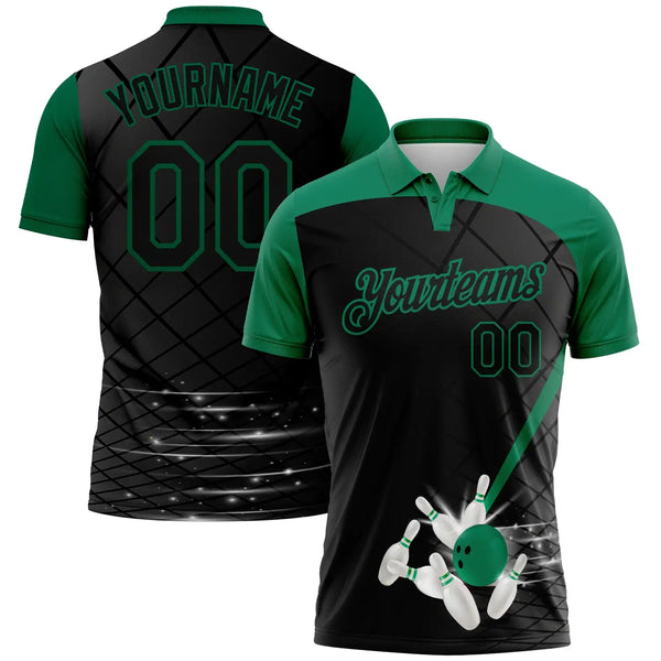 Custom Golf Polo Shirt Black Kelly Green 3D Pattern Design Bowling Performance Sublimation, Custom Logo, Men Women Unisex