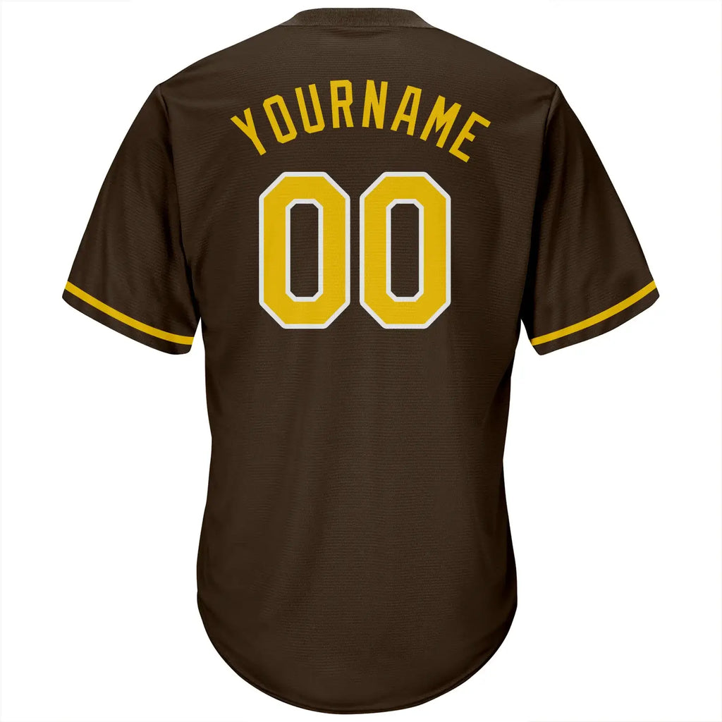 Custom Throwback Baseball Jersey Brown Gold White Sublimation, Custom Name Number, Men Youth Unisex