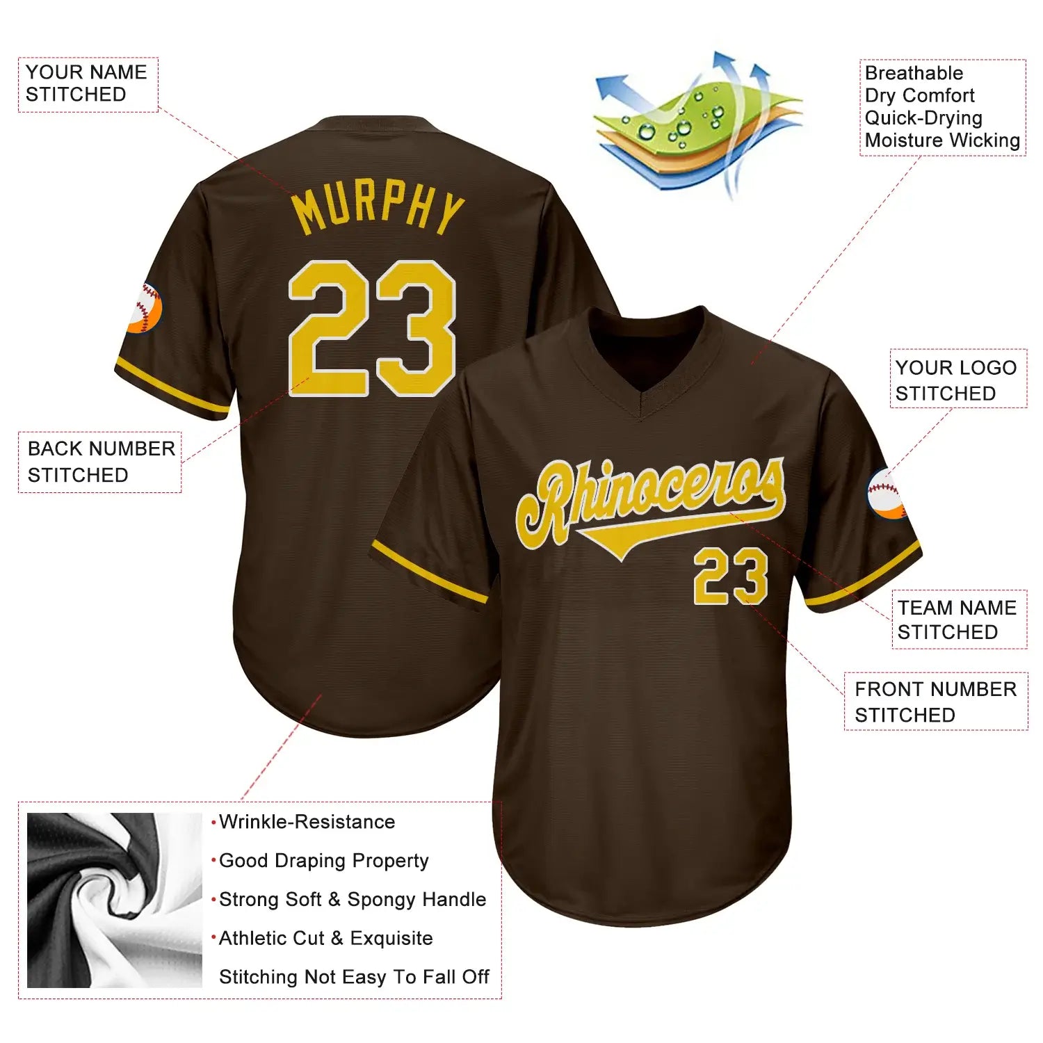 Custom Throwback Baseball Jersey Brown Gold White Sublimation, Custom Name Number, Men Youth Unisex