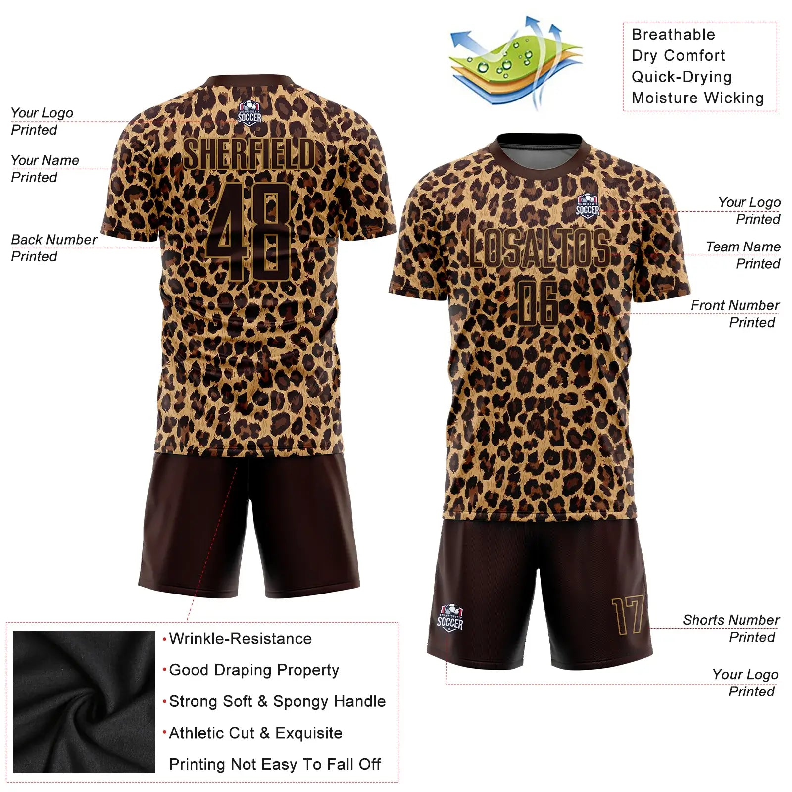 Custom Soccer Jersey Brown Old Gold Leopard Sublimation, Team Uniform Kit, Custom Name Number, Unisex Men Women Youth