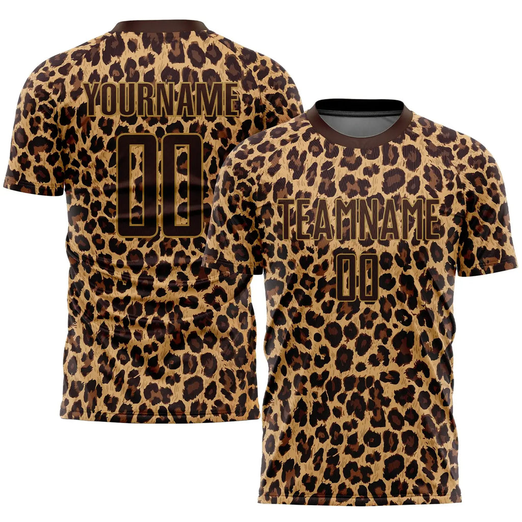 Custom Soccer Jersey Brown Old Gold Leopard Sublimation, Team Uniform Kit, Custom Name Number, Unisex Men Women Youth
