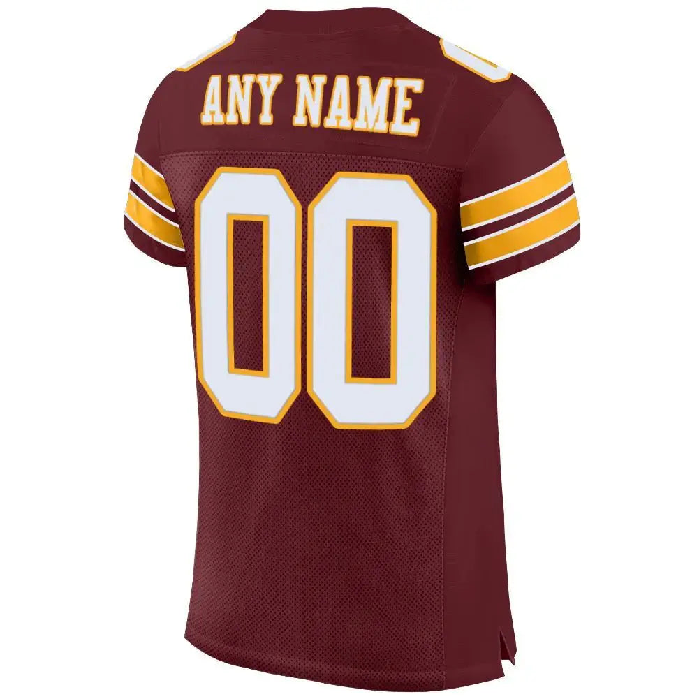 Custom Mesh Football Jersey Burgundy White Gold Pro Style Sublimation, Custom Name Number, Men Youth Unisex
