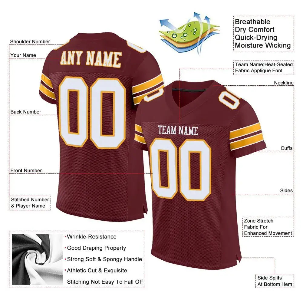 Custom Mesh Football Jersey Burgundy White Gold Pro Style Sublimation, Custom Name Number, Men Youth Unisex