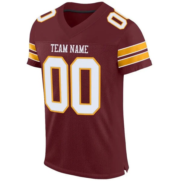 Custom Mesh Football Jersey Burgundy White Gold Pro Style Sublimation, Custom Name Number, Men Youth Unisex