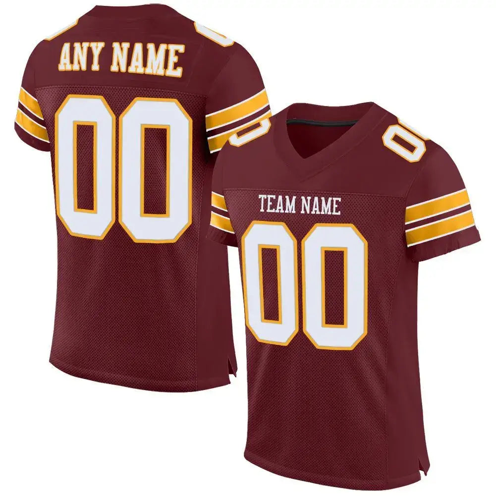 Custom Mesh Football Jersey Burgundy White Gold Pro Style Sublimation, Custom Name Number, Men Youth Unisex