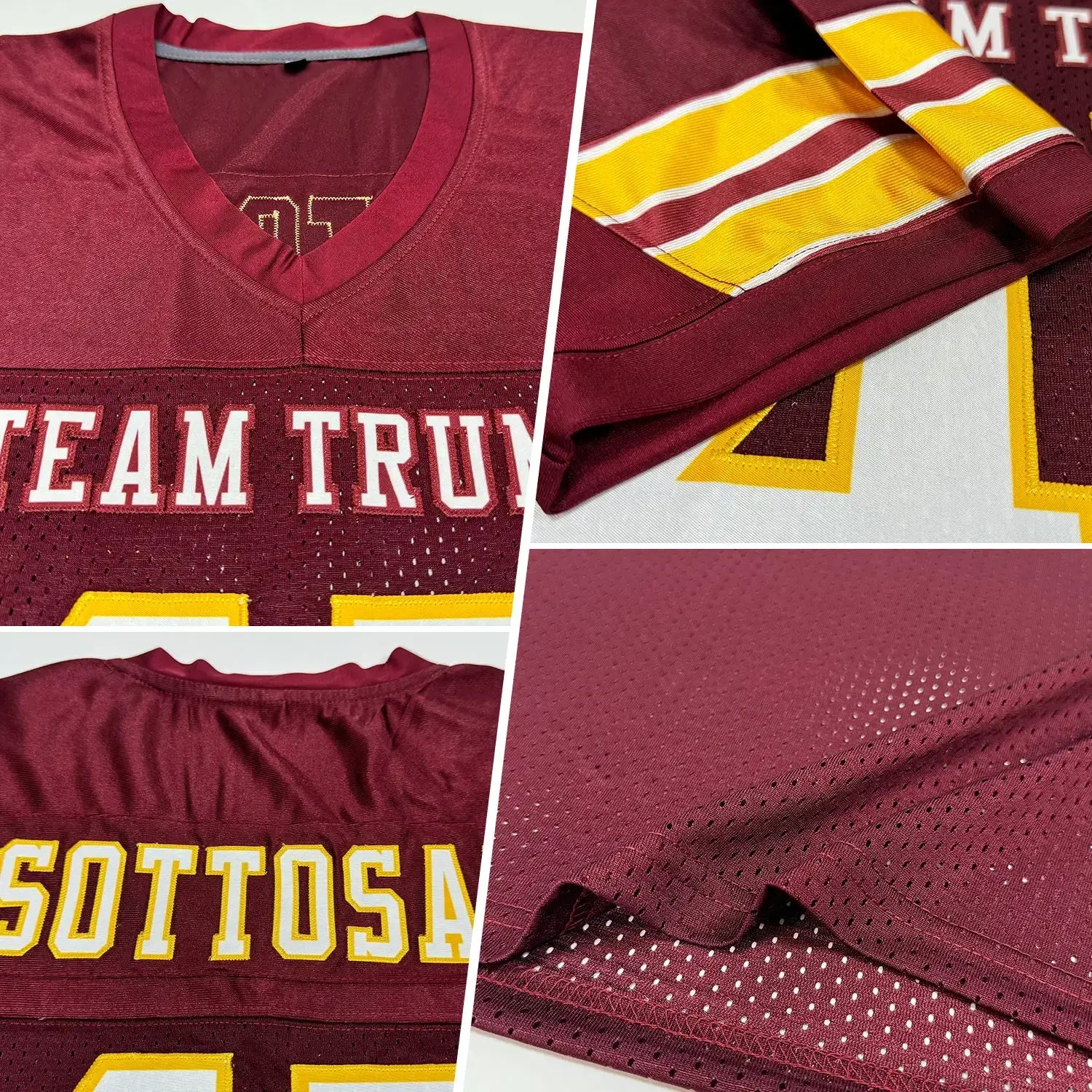 Custom Mesh Football Jersey Burgundy White Gold Pro Style Sublimation, Custom Name Number, Men Youth Unisex