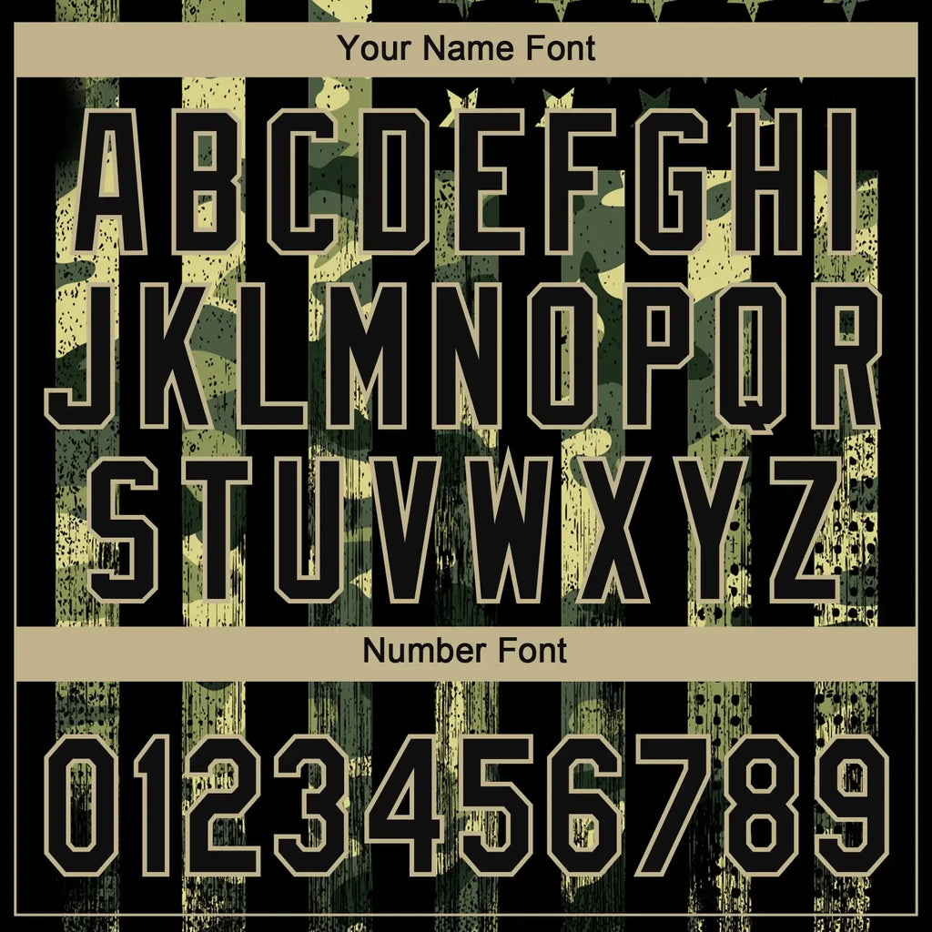 Custom 2-Button Softball Jersey American Flag Salute To Service Camo Black Old Gold Sublimation, Custom Name Number, Women Girls Unisex Youth