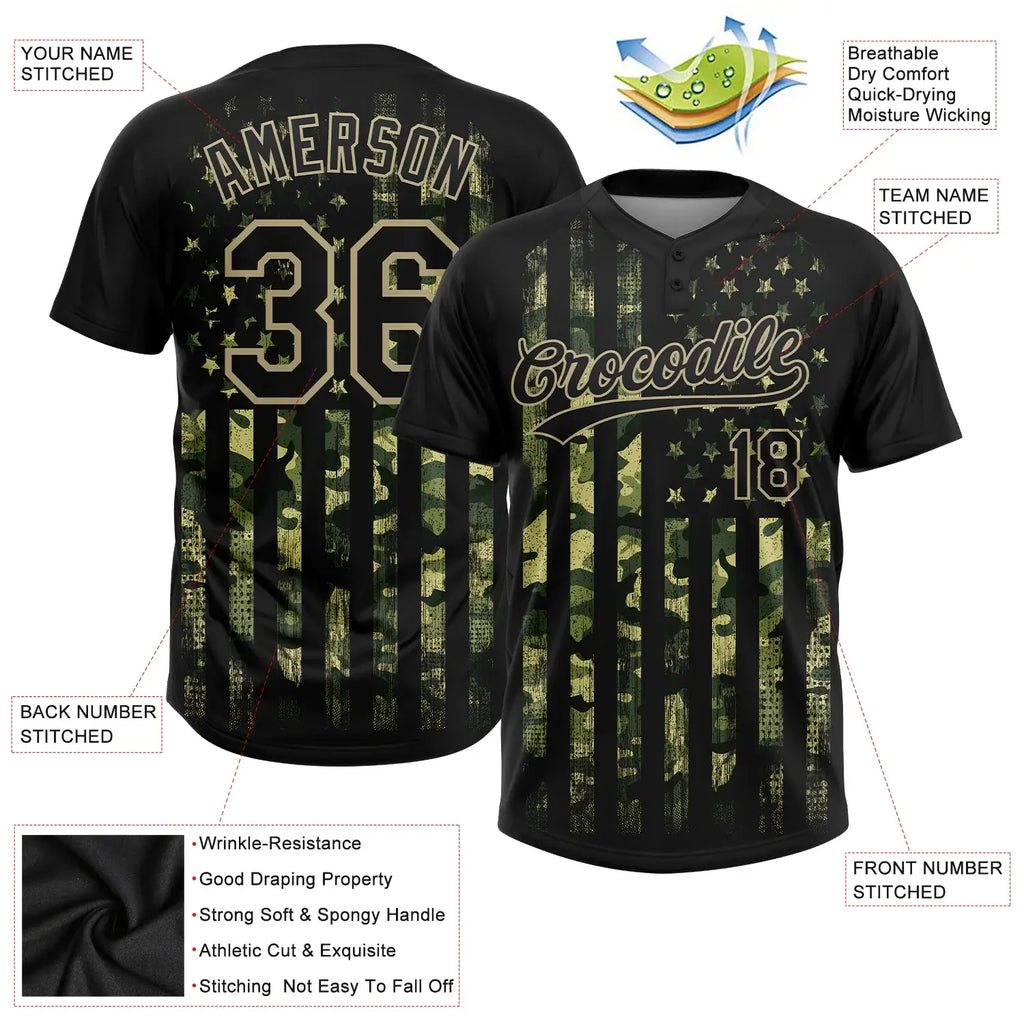 Custom 2-Button Softball Jersey American Flag Salute To Service Camo Black Old Gold Sublimation, Custom Name Number, Women Girls Unisex Youth