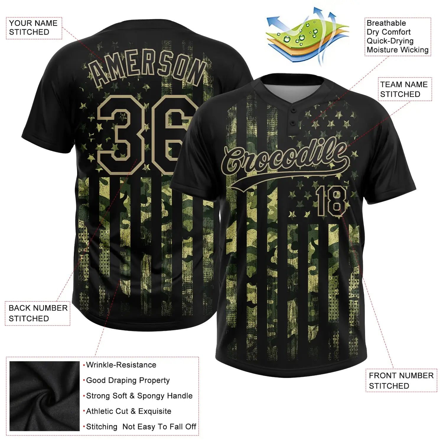 Custom 2-Button Softball Jersey American Flag Salute To Service Camo Black Old Gold Sublimation, Custom Name Number, Women Girls Unisex Youth