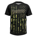 Custom 2-Button Softball Jersey American Flag Salute To Service Camo Black Old Gold Sublimation, Custom Name Number, Women Girls Unisex Youth