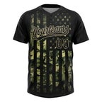 Custom 2-Button Softball Jersey American Flag Salute To Service Camo Black Old Gold Sublimation, Custom Name Number, Women Girls Unisex Youth