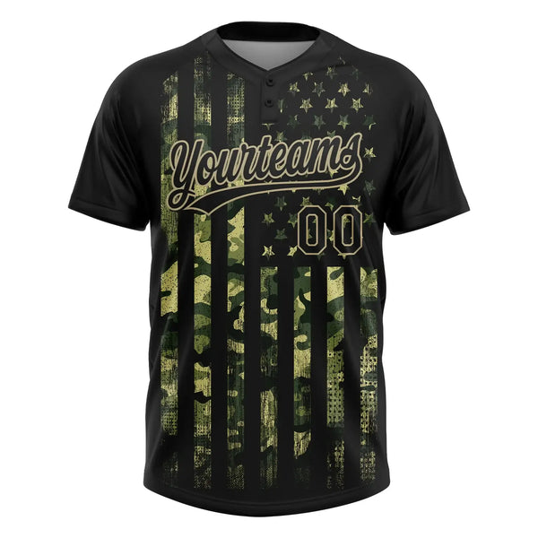 Custom 2-Button Softball Jersey American Flag Salute To Service Camo Black Old Gold Sublimation, Custom Name Number, Women Girls Unisex Youth