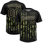 Custom 2-Button Softball Jersey American Flag Salute To Service Camo Black Old Gold Sublimation, Custom Name Number, Women Girls Unisex Youth