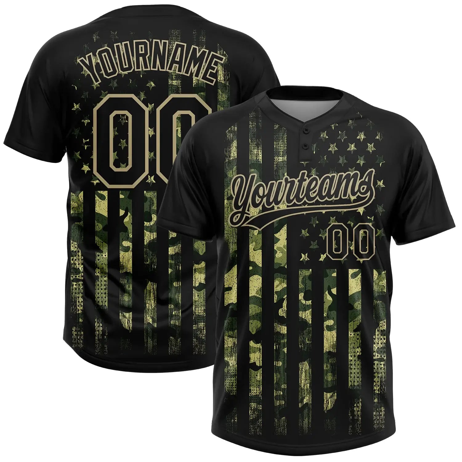 Custom 2-Button Softball Jersey American Flag Salute To Service Camo Black Old Gold Sublimation, Custom Name Number, Women Girls Unisex Youth