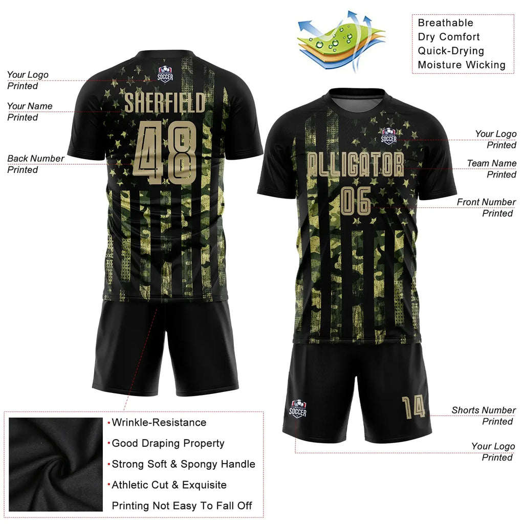 Custom Soccer Jersey Camo Vegas Gold Black American Flag Fashion Sublimation, Team Uniform Kit, Custom Name Number, Unisex Men Women Youth