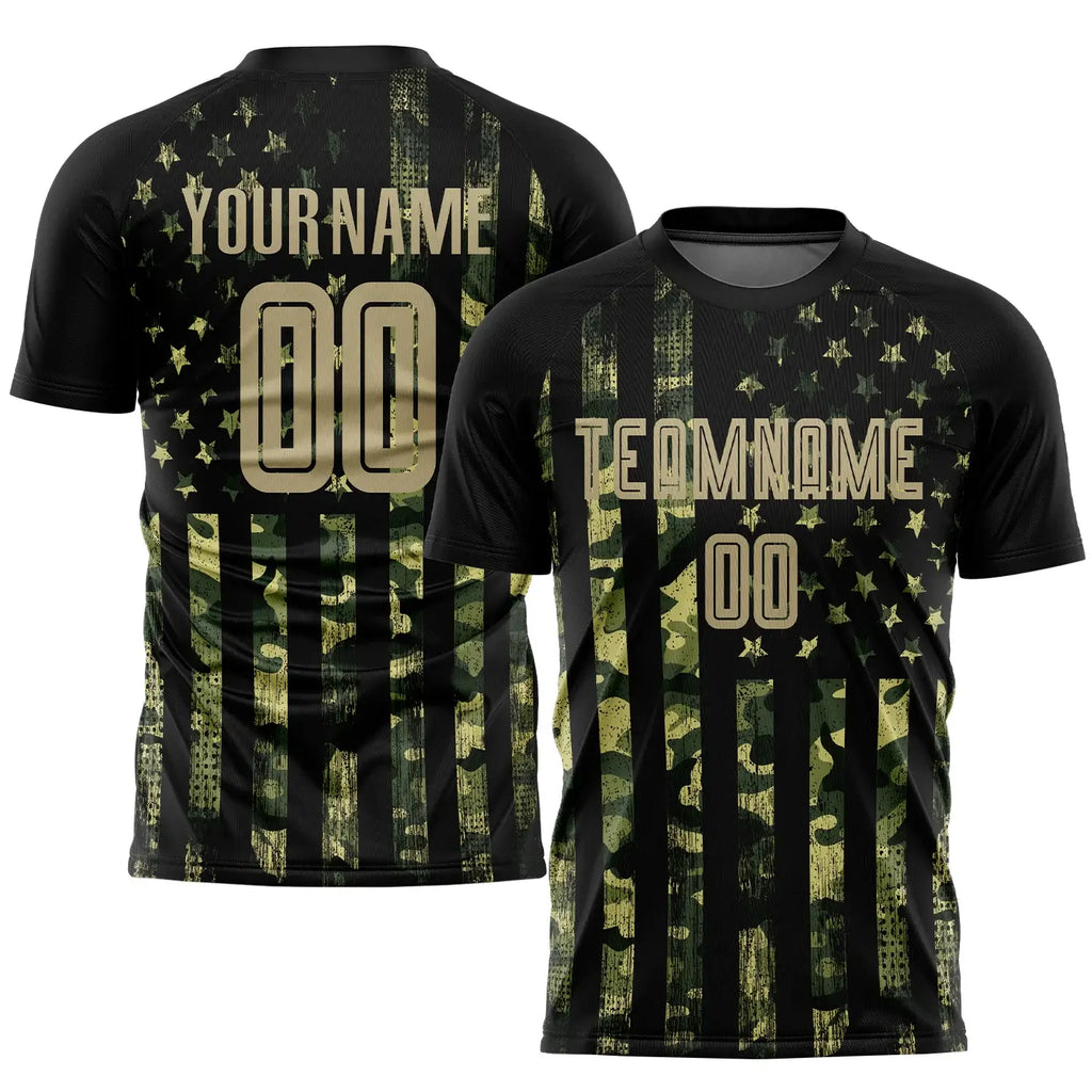 Custom Soccer Jersey Camo Vegas Gold Black American Flag Fashion Sublimation, Team Uniform Kit, Custom Name Number, Unisex Men Women Youth