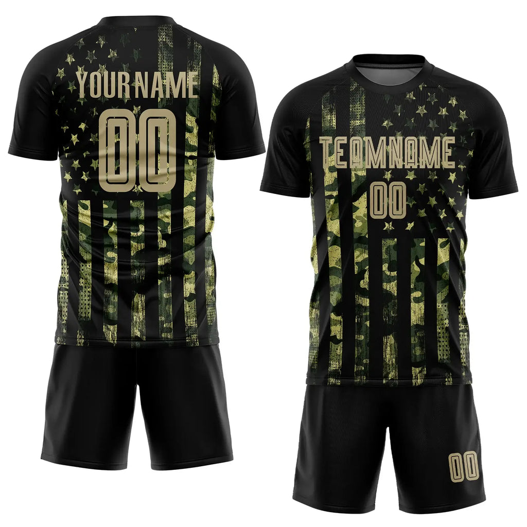 Custom Soccer Jersey Camo Vegas Gold Black American Flag Fashion Sublimation, Team Uniform Kit, Custom Name Number, Unisex Men Women Youth