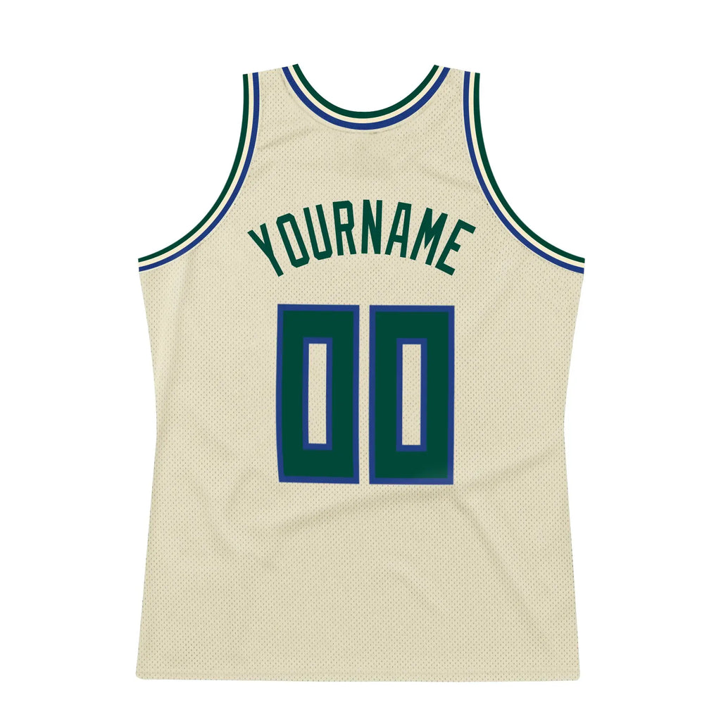 Custom Throwback Basketball Jersey Cream Hunter Green Royal Sublimation, Team Uniform Kit, Custom Name Number, Unisex Men Women Youth