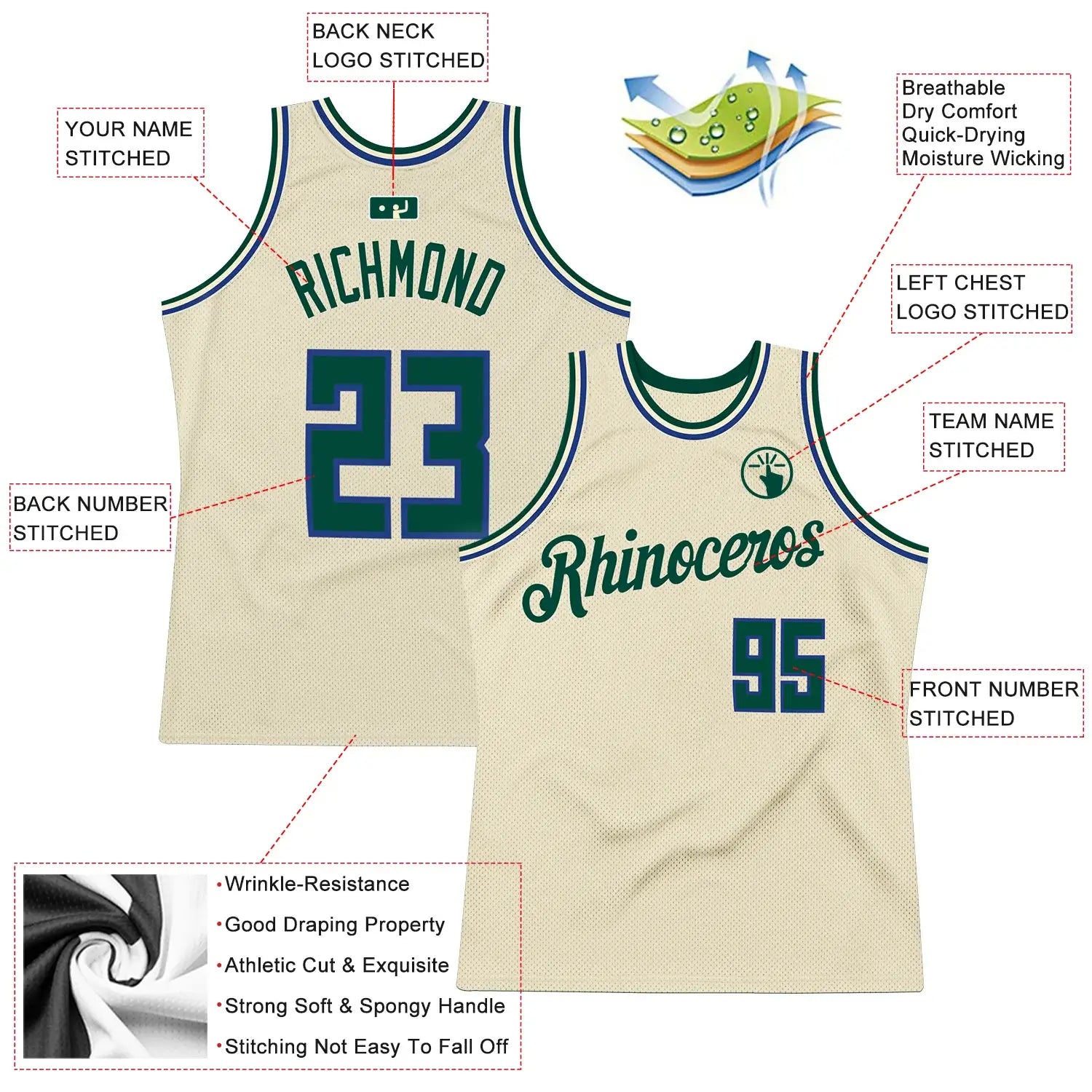 Custom Throwback Basketball Jersey Cream Hunter Green Royal Sublimation, Team Uniform Kit, Custom Name Number, Unisex Men Women Youth