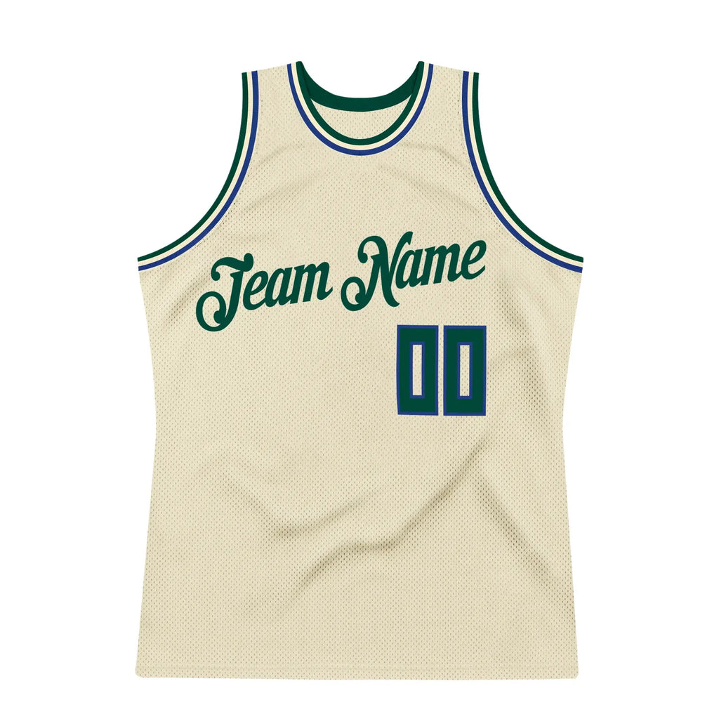 Custom Throwback Basketball Jersey Cream Hunter Green Royal Sublimation, Team Uniform Kit, Custom Name Number, Unisex Men Women Youth