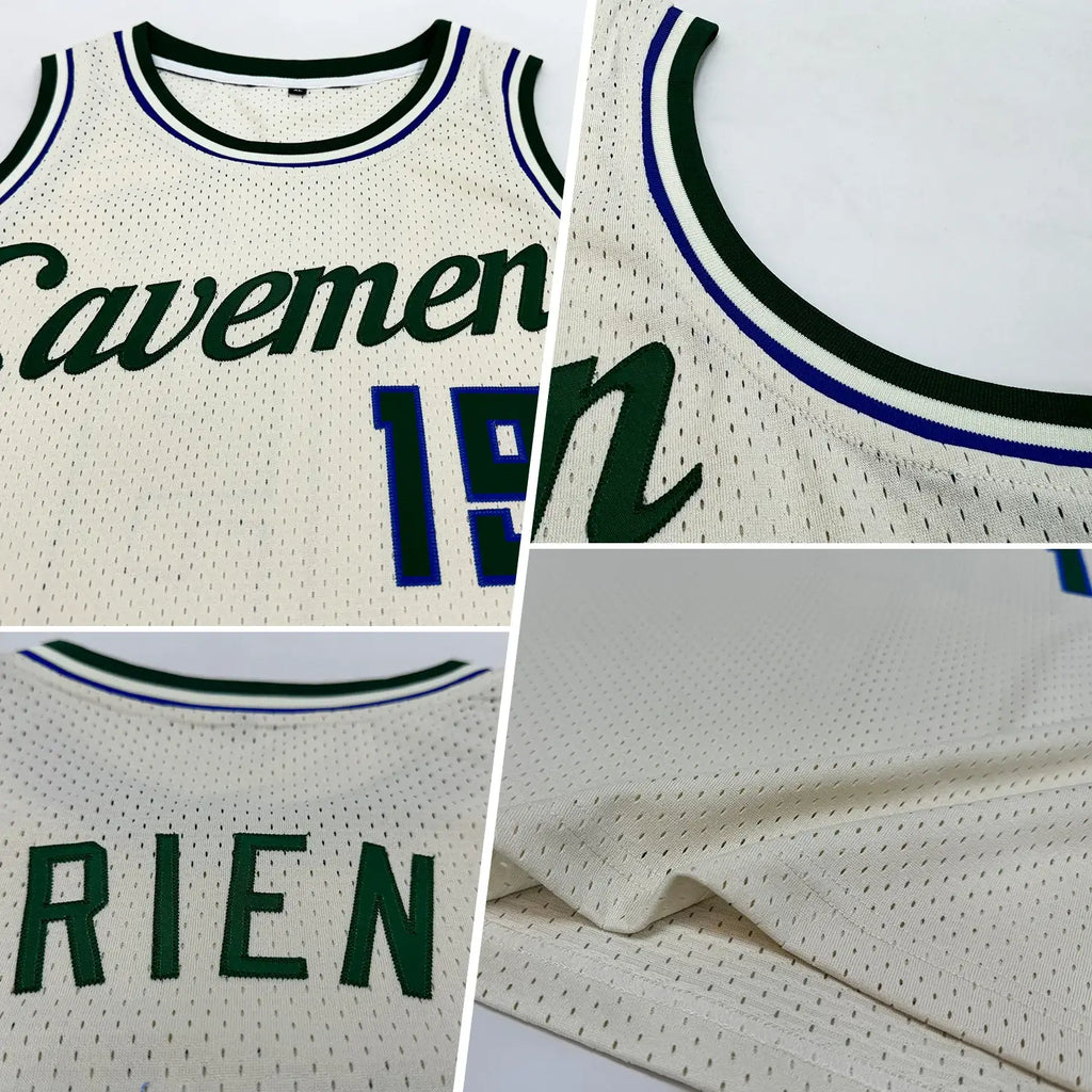 Custom Throwback Basketball Jersey Cream Hunter Green Royal Sublimation, Team Uniform Kit, Custom Name Number, Unisex Men Women Youth