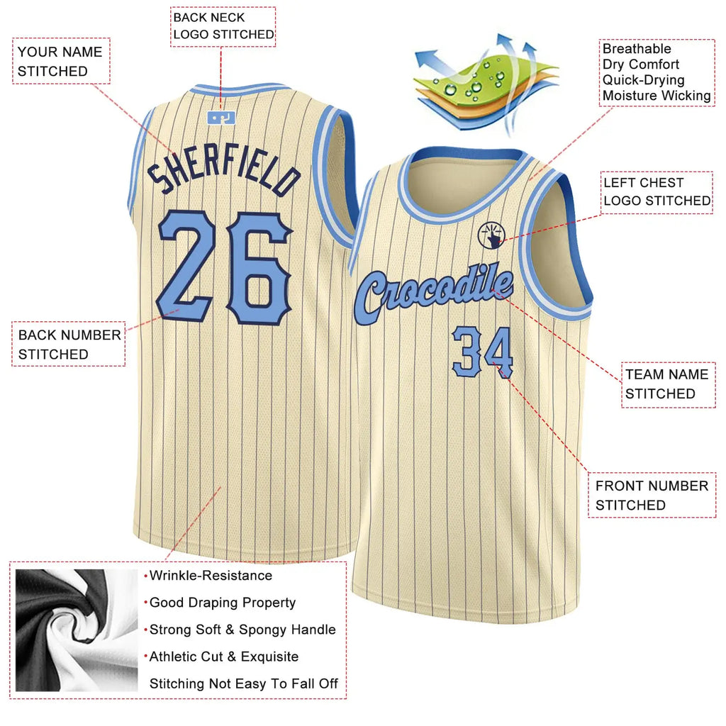 Custom Throwback Basketball Jersey Cream Navy Pinstripe Light Blue Black Sublimation, Team Uniform Kit, Custom Name Number, Unisex Men Women Youth