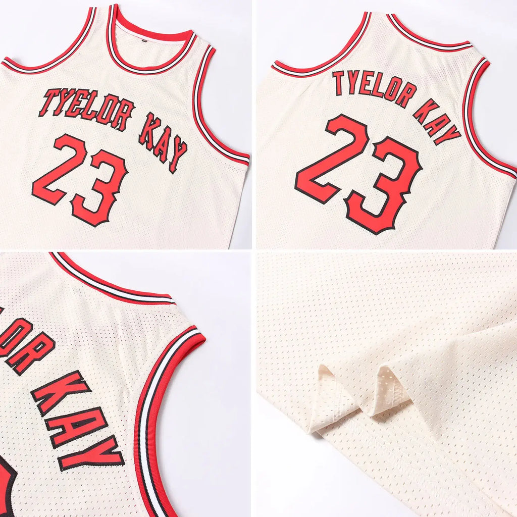 Custom Throwback Basketball Jersey Cream Red Black Sublimation, Team Uniform Kit, Custom Name Number, Unisex Men Women Youth