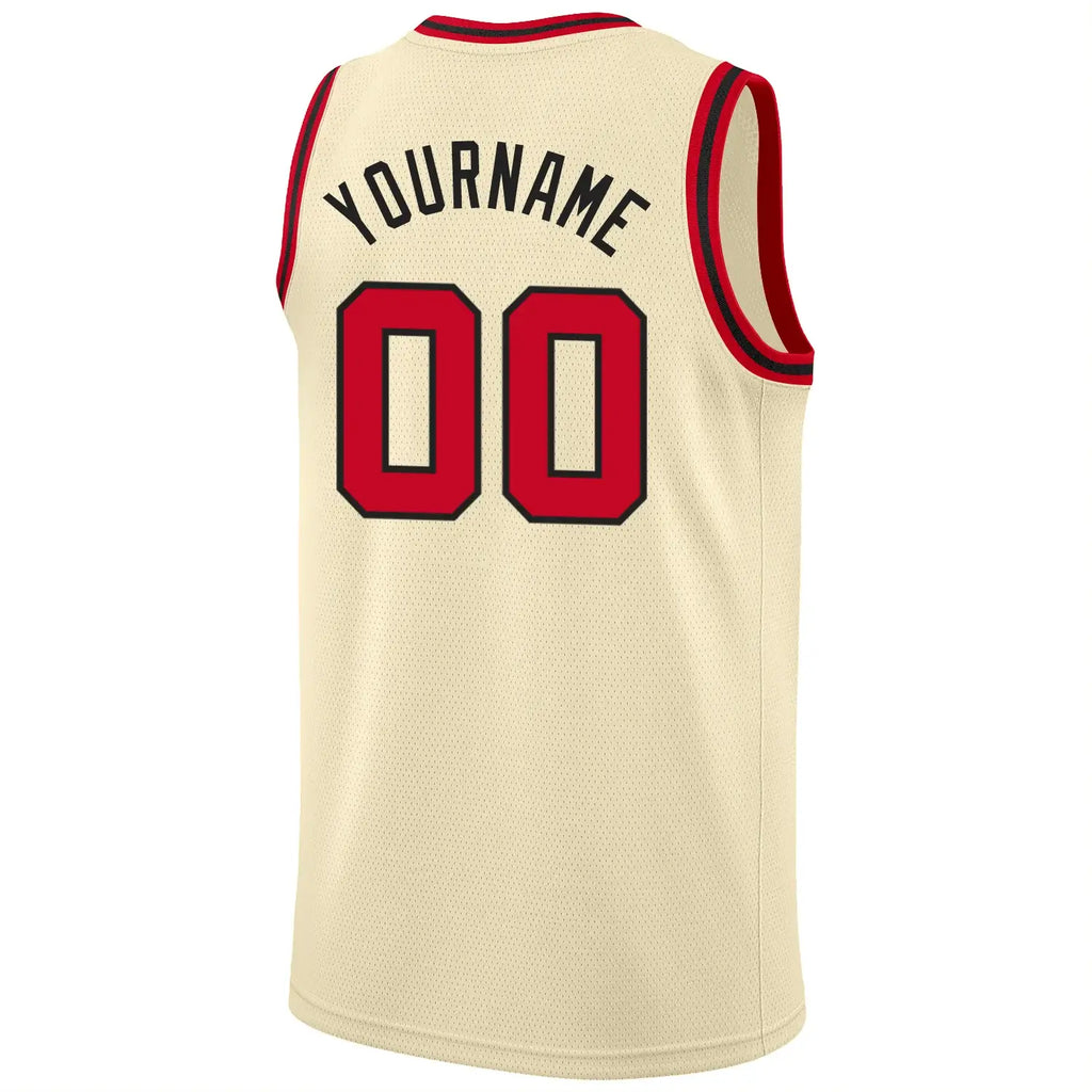 Custom Throwback Basketball Jersey Cream Red Black Round Neck Rib Knit Sublimation, Team Uniform Kit, Custom Name Number, Unisex Men Women Youth