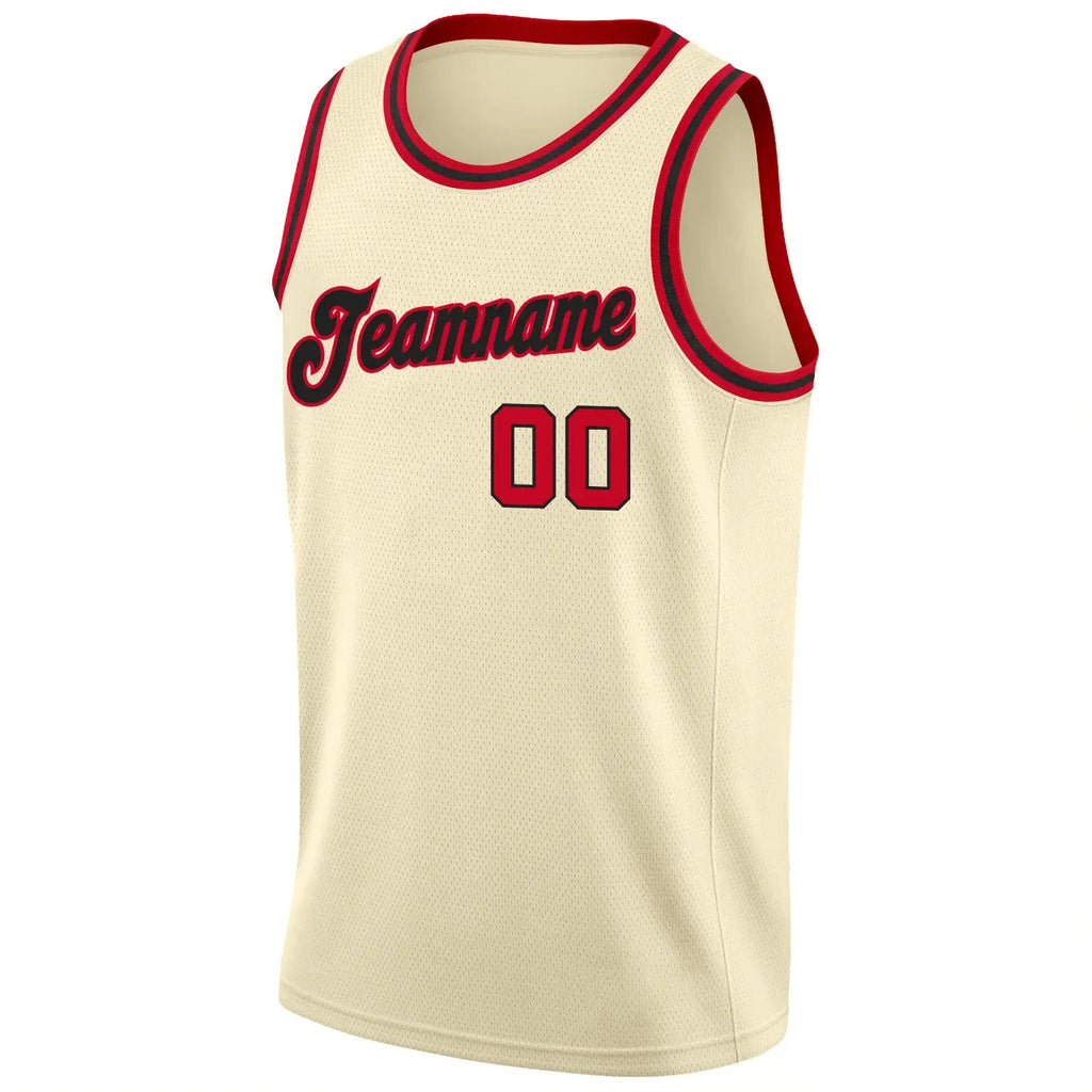 Custom Throwback Basketball Jersey Cream Red Black Round Neck Rib Knit Sublimation, Team Uniform Kit, Custom Name Number, Unisex Men Women Youth