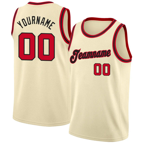 Custom Throwback Basketball Jersey Cream Red Black Round Neck Rib Knit Sublimation, Team Uniform Kit, Custom Name Number, Unisex Men Women Youth