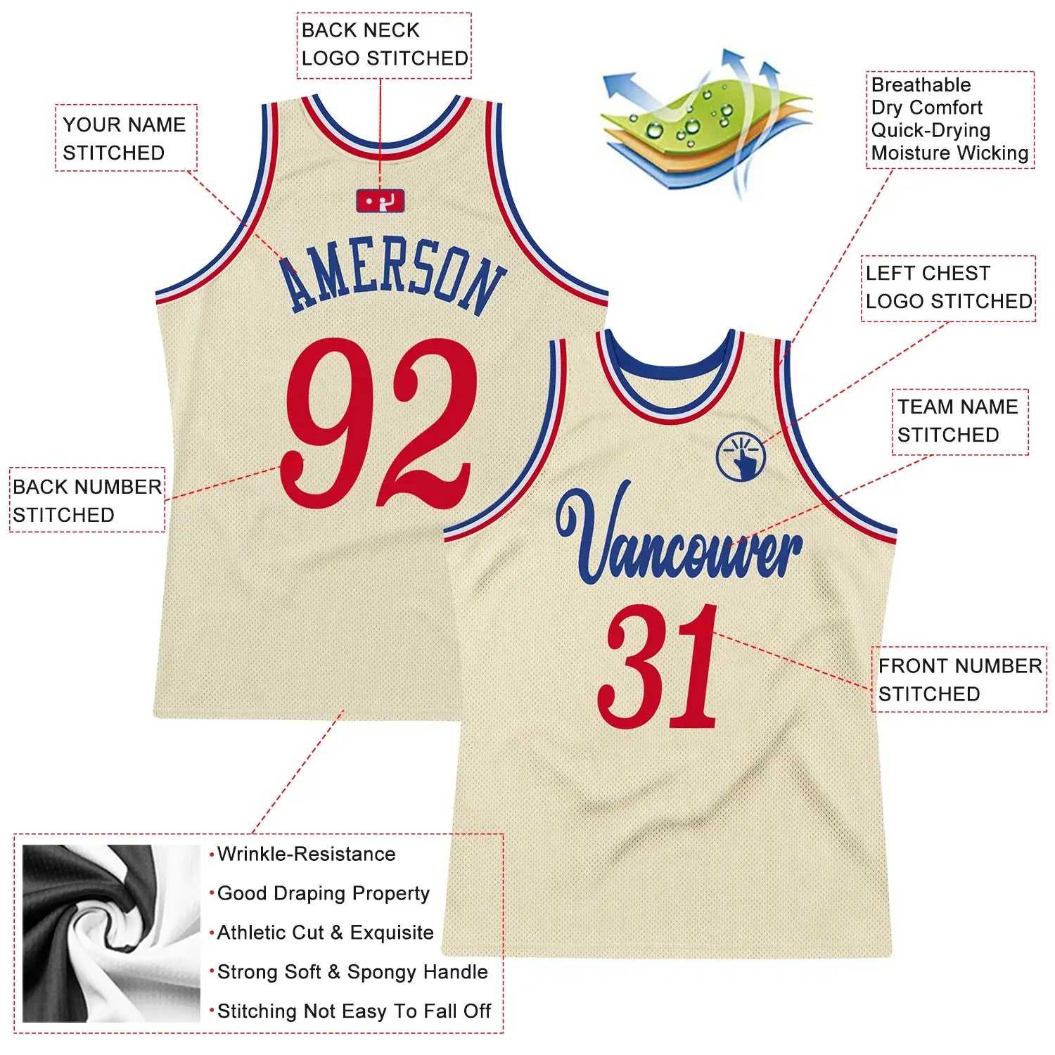 Custom Throwback Basketball Jersey Cream Red Royal Sublimation, Team Uniform Kit, Custom Name Number, Unisex Men Women Youth