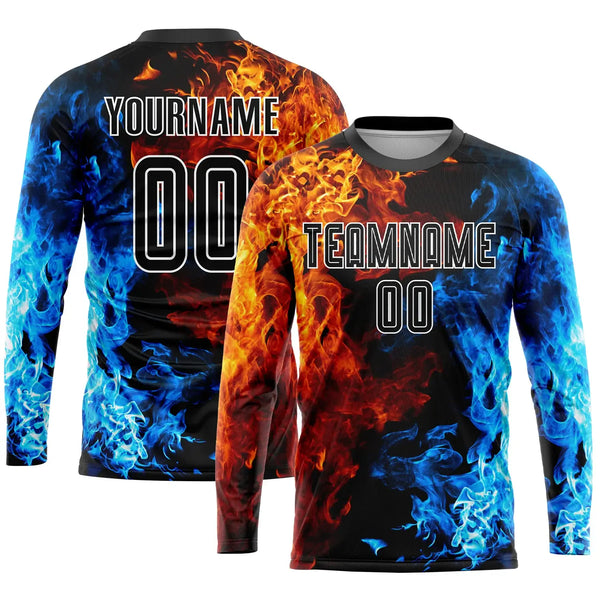 Custom Soccer Jersey Figure Black White Flame Sublimation, Team Uniform Kit, Custom Name Number, Unisex Men Women Youth