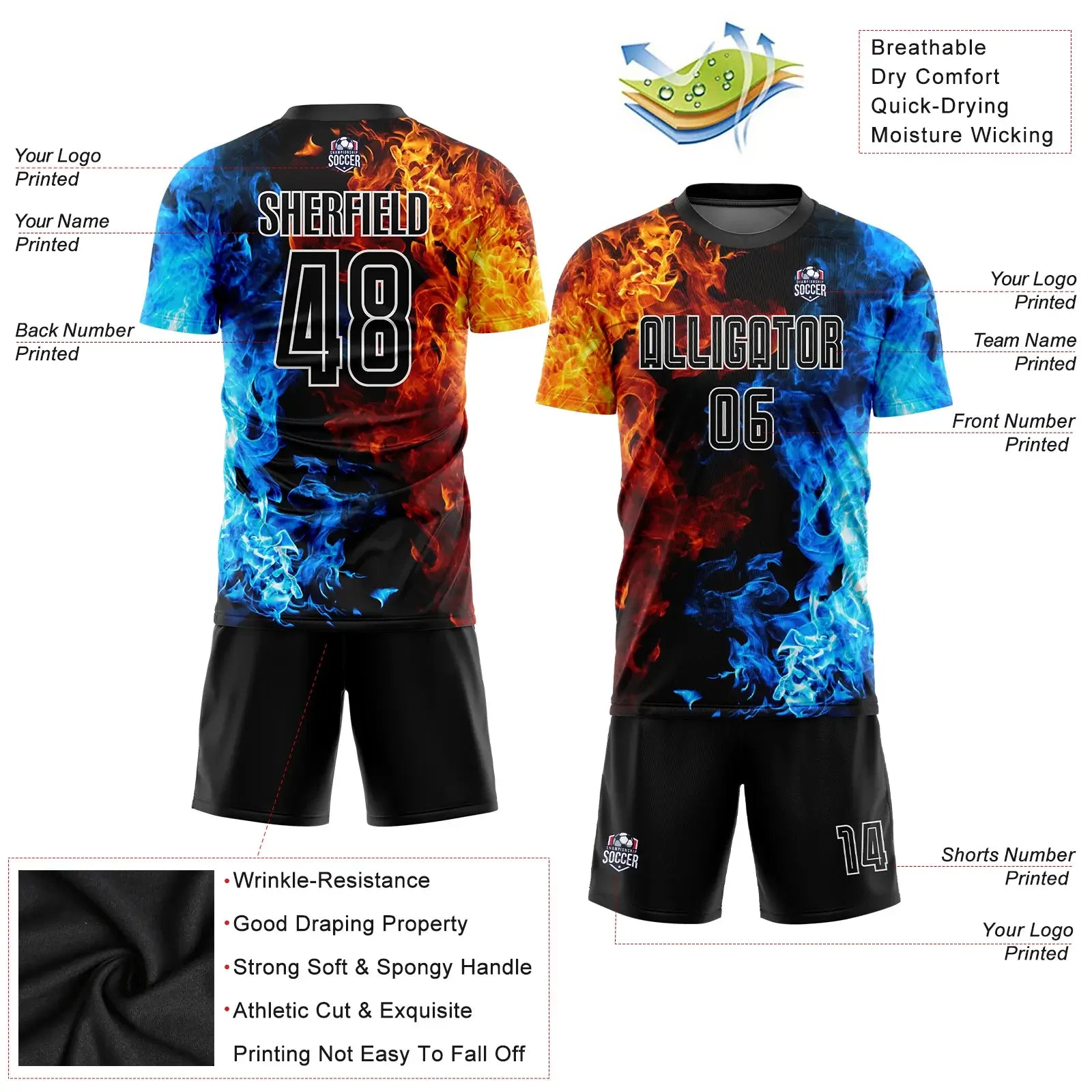 Custom Soccer Jersey Figure Black White Flame Sublimation, Team Uniform Kit, Custom Name Number, Unisex Men Women Youth