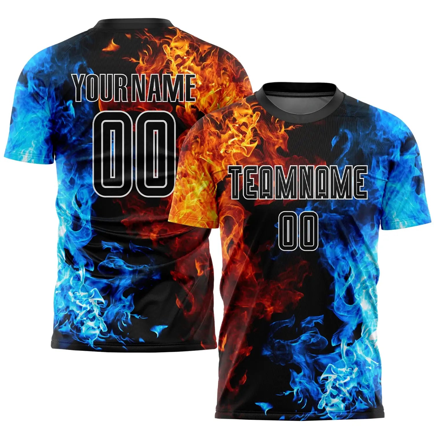 Custom Soccer Jersey Figure Black White Flame Sublimation, Team Uniform Kit, Custom Name Number, Unisex Men Women Youth
