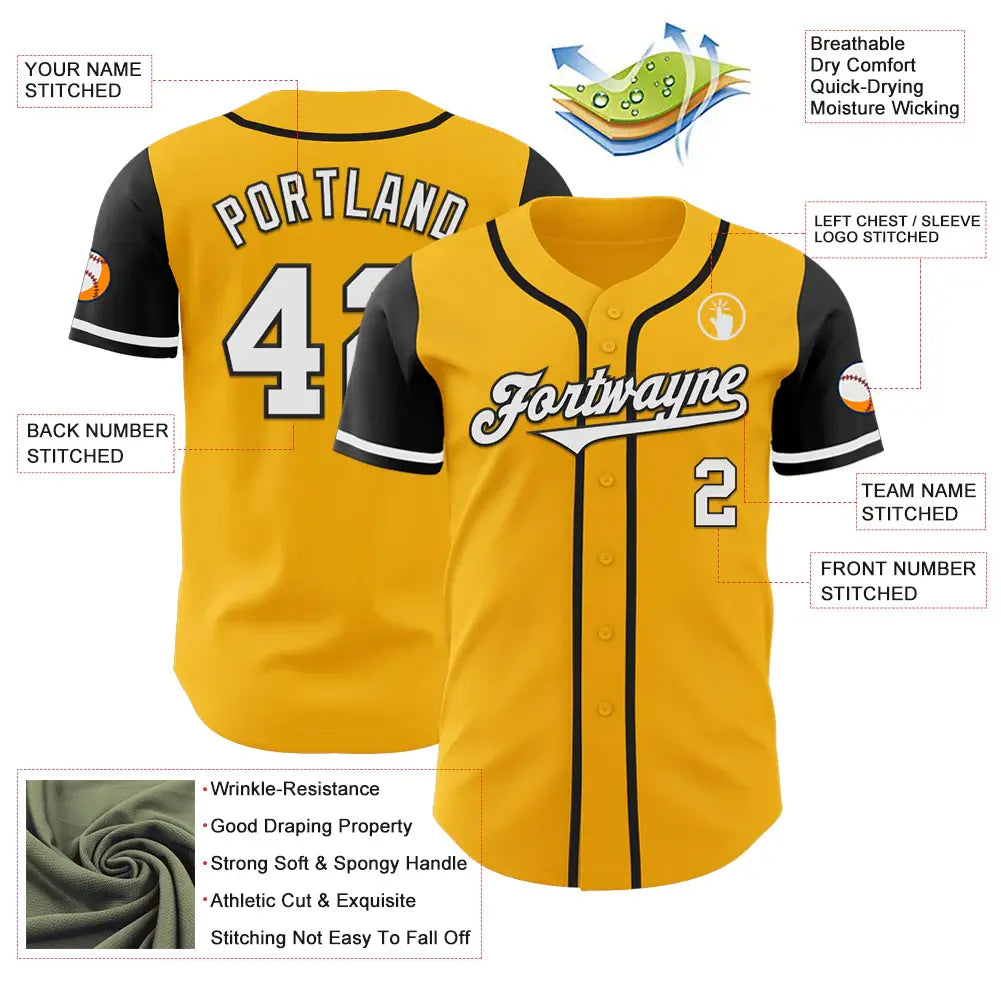 Custom Two Tone Baseball Jersey Gold White Black Sublimation, Custom Name Number, Men Youth Unisex