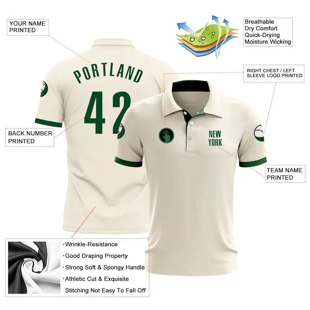 Custom Golf Polo Shirt Cream Green Performance Sublimation, Custom Logo, Men Women Unisex