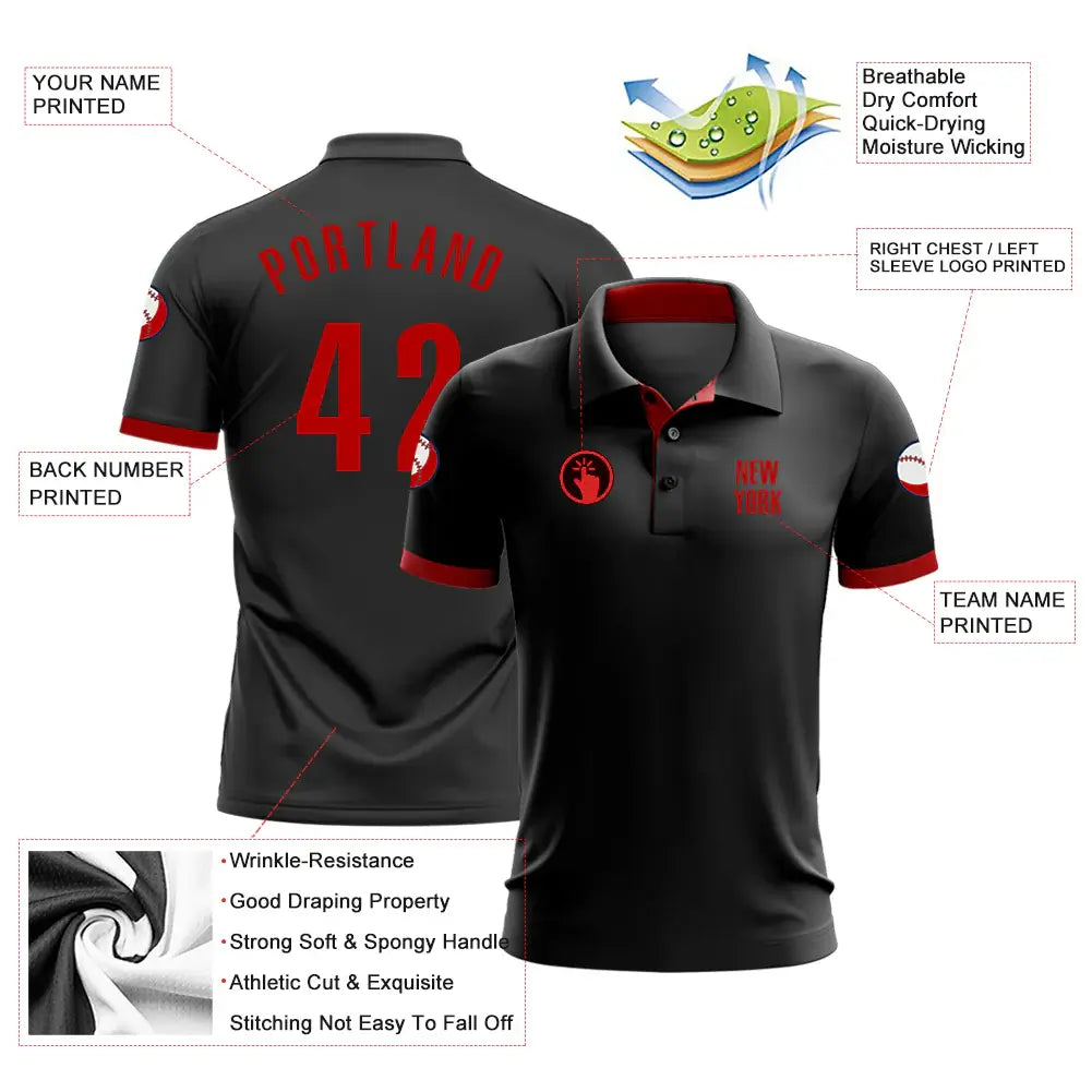 Custom Golf Polo Shirt Black Red Performance Sublimation, Custom Logo, Men Women Unisex