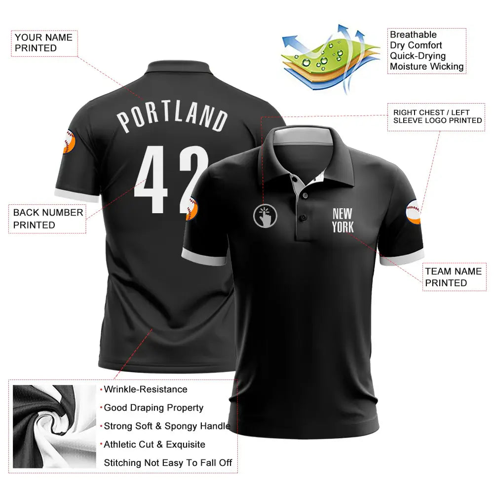 Custom Golf Polo Shirt Black White Performance Sublimation, Custom Logo, Men Women UnisexA