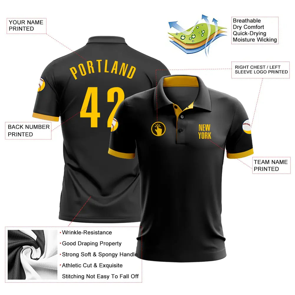 Custom Golf Polo Shirt Black Yellow Performance Sublimation, Custom Logo, Men Women Unisex