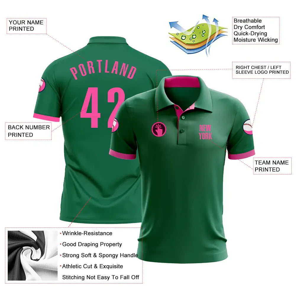 Custom Golf Polo Shirt Kelly Green Pink Performance Sublimation, Custom Logo, Men Women Unisex