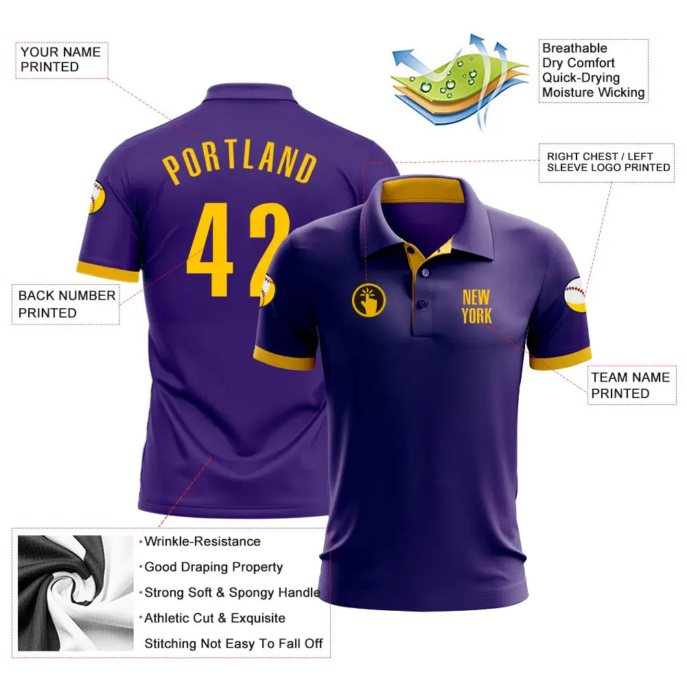 Custom Golf Polo Shirt Purple Yellow Performance Sublimation, Custom Logo, Men Women Unisex