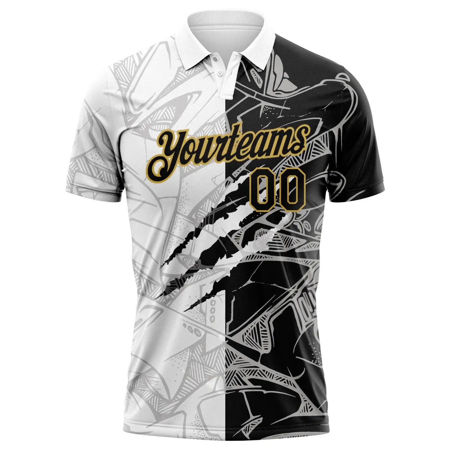 Custom Graffiti Pattern Golf Polo Shirt Black Old Gold 3D Scratch Performance Sublimation, Custom Logo, Men Women Unisex