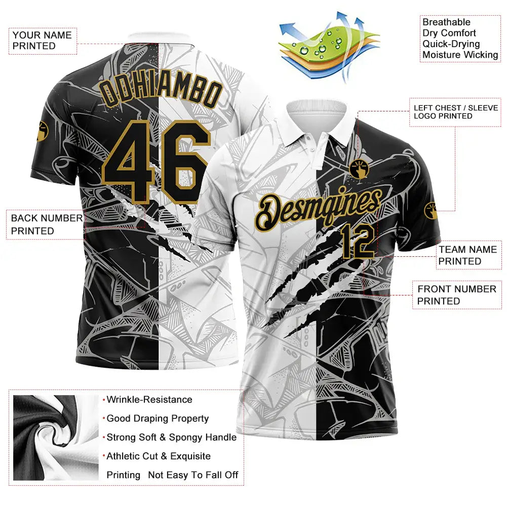 Custom Graffiti Pattern Golf Polo Shirt Black Old Gold 3D Scratch Performance Sublimation, Custom Logo, Men Women Unisex