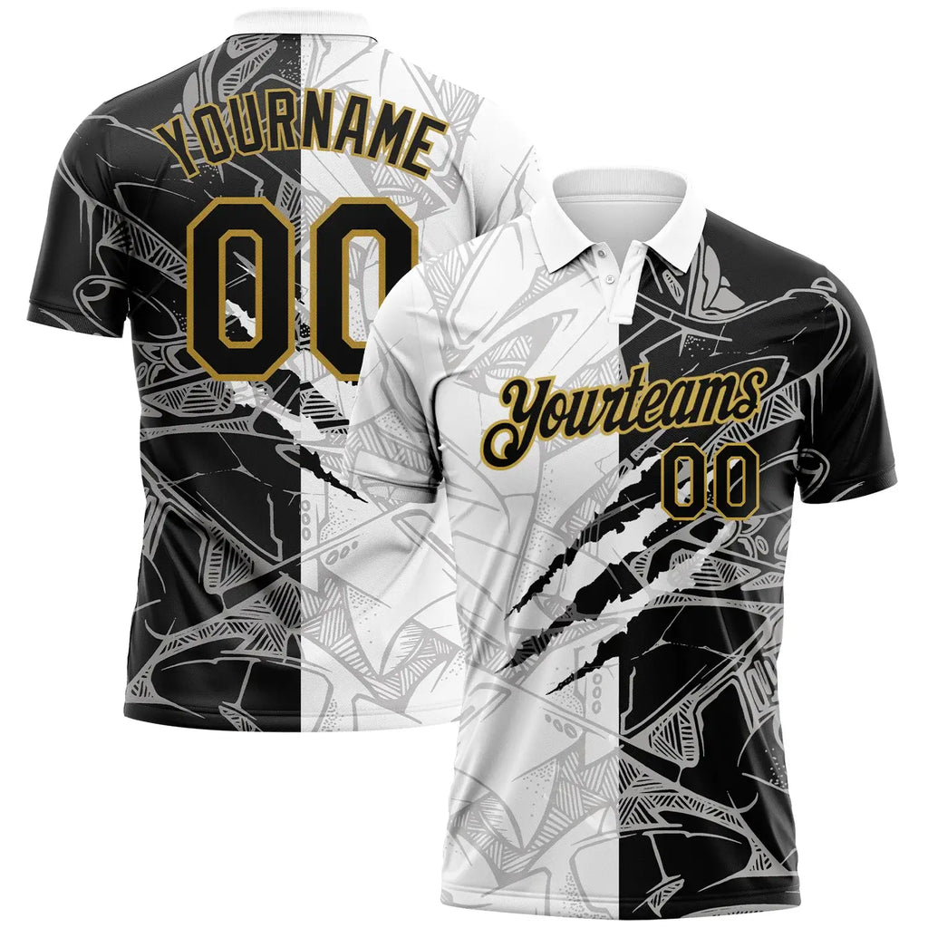 Custom Graffiti Pattern Golf Polo Shirt Black Old Gold 3D Scratch Performance Sublimation, Custom Logo, Men Women Unisex