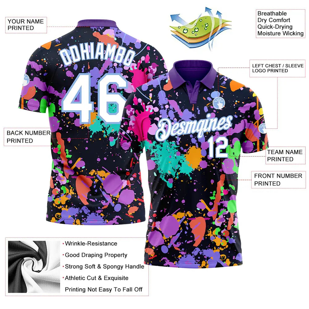 Custom Graffiti Pattern Golf Polo Shirt White Light Blue 3D Splashes Performance Sublimation, Custom Logo, Men Women Unisex