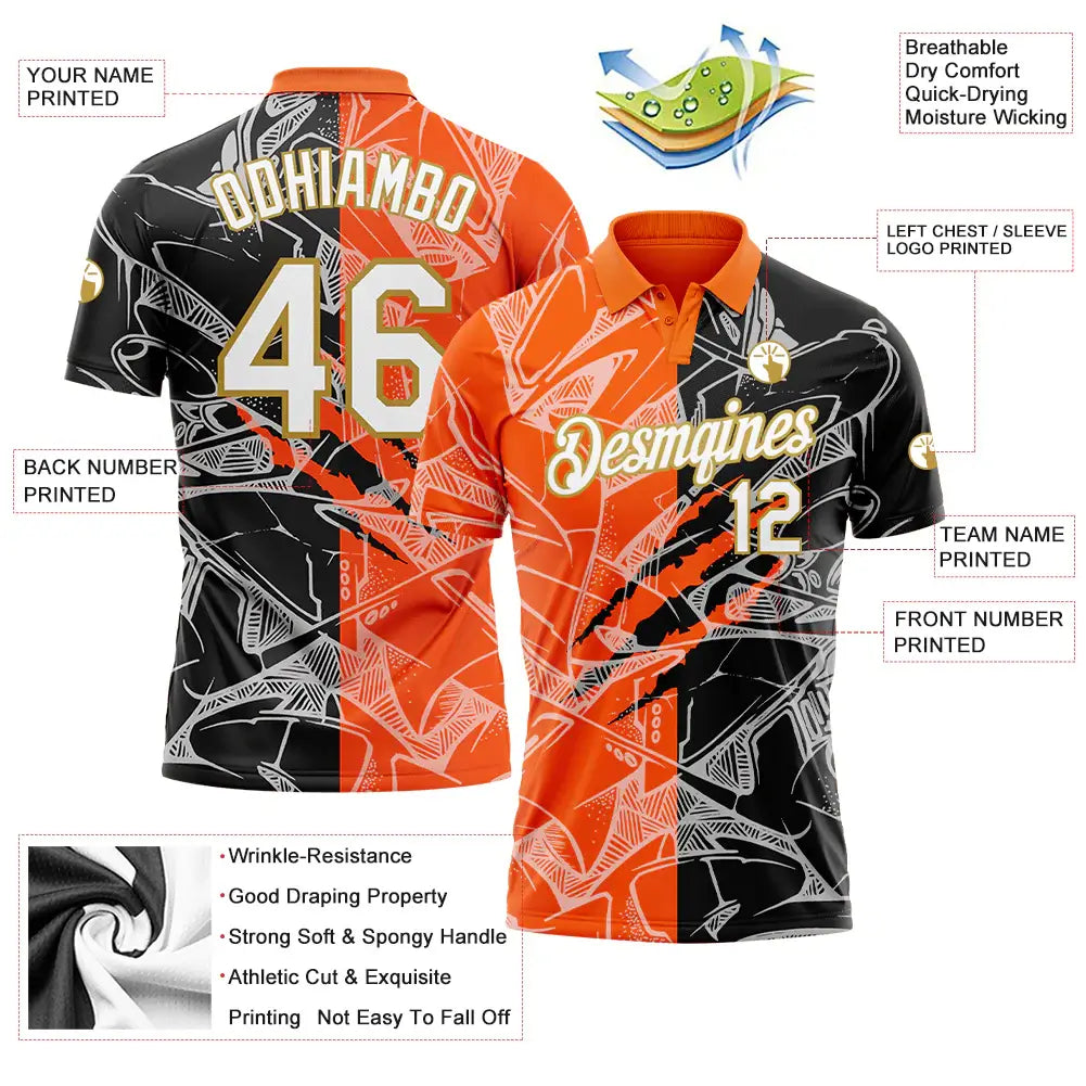 Custom Graffiti Pattern Golf Polo Shirt White Orange Old Gold 3D Scratch Performance Sublimation, Custom Logo, Men Women Unisex