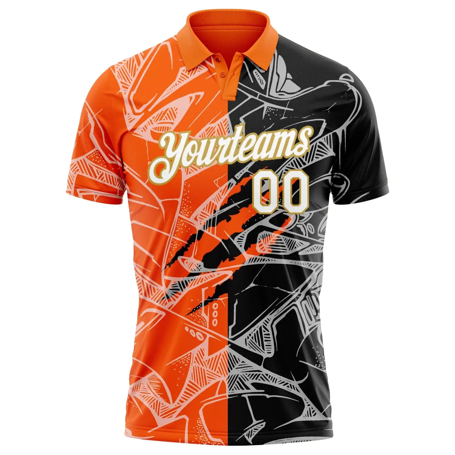 Custom Graffiti Pattern Golf Polo Shirt White Orange Old Gold 3D Scratch Performance Sublimation, Custom Logo, Men Women Unisex